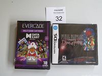 Photo of two sealed video games: Evercade multi-game cartridge for Data East Arcade 1 and Nintendo DS Final Fantasy Rings of Fate game.