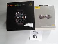 Front view of Huawei Watch GT 2 and Jabra Elite 85t boxes with lot number card