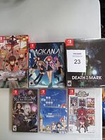 Six sealed Nintendo Switch games displayed