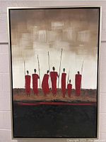 Full view of the abstract painting showing seven stylized red figures on a textured background of beige, brown, and black.