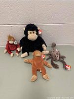 Overview of four TY Beanie Babies including Bongo, Stinger, Schweetheart, and 2011 Charlie Beanie Buddy all shown with tags.