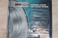 Box front showing Geotech branding and features of premium coated disc brake rotors