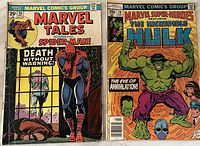 Two Marvel Comics Group comic books, one with Spider-Man on the cover titled 'Marvel Tales' and the other with The Incredible Hulk titled 'Marvel Super-Heroes'.