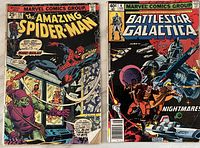 Photo of The Amazing Spider-Man #134 and Battlestar Galactica #6 comic books side by side showing their front covers.