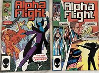 Photo showing two Marvel Alpha Flight comic books, issues 21 and 18, with covers visible
