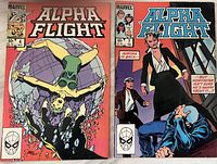Image showing two Marvel Alpha Flight comic books, issue 4 and issue 7, with full front covers visible showing artwork and titles.