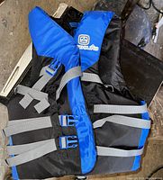 Black and blue life jacket vest with grey adjustable straps and buckles shown from front.