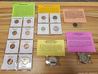 Photo showing assorted United States coins with detailed descriptions and historical info cards