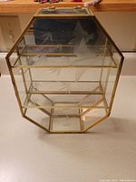 Front angle showing etched glass with bird and bamboo motif and brass framing structure of the display shelf.