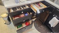 Open kitchen drawers showing various utensils and plastic containers inside.