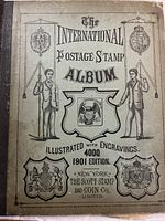 Cover of International Postage Stamp Album, illustrated with engravings, 1901 edition by Scott Stamp & Coin Co.