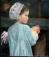 Close-up of the print showing the girl in the blue dress and white bonnet holding a chicken, with focus on the artwork detail and stamp signature.