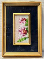 Full view of framed cloisonné enamel floral artwork in shadow box style frame.