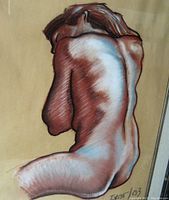 Close-up of painting showing nude back torso with brown and blue shading on tan background, signed Ivor 03.