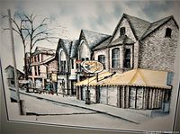 Close-up of watercolour depicting Yorkville street scene with Maxwell's Plum Disco Bar signage, showcasing fine pen and watercolor detail.