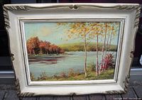 Framed oil on canvas fall landscape painting signed by A Vlaharek, showing full artwork and frame from front angle.