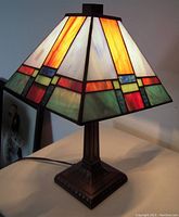 Frontal view of lamp lit showing shade design and base