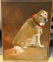 Front view of the framed oil painting depicting a golden Labrador dog wearing a red scarf, set against a warm brown background.