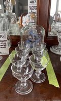 Photo of the decanter with cork stopper and eight small stemmed glasses arranged in front