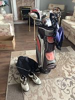 Full view of the golf bag filled with Idea branded golf clubs standing on carpet in living room, with golf shoes and a black cover placed on floor next to bag.