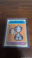Front side of the 1974-75 Topps Bobby Orr James Norris Trophy card showing the trophy and Bobby Orr's photo.
