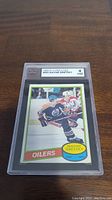 Front view of 1980-81 O-Pee-Chee #250 Wayne Gretzky card graded by KSA with a grade of 4 Very Good-Excellent, showing card details and player in Edmonton Oilers uniform.