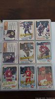 Binder page showing 9 hockey cards with Buffalo Sabres, Calgary Flames, and Detroit Red Wings players.