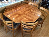 Overhead shot of octagonal table surrounded by six chairs