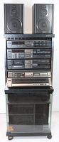 Frontal view of stereo system in black woodgrain rack with two speakers on top and digital tuner, amplifier, tape deck and turntable modules installed