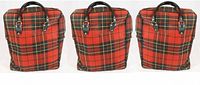Front and back views of the three red tartan cotton picnic thermos bags with black handles and piping