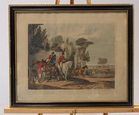 Full view of framed Bachelor's Hall Plate 1 Aqua Tinted Print showing equestrian hunting scene with several riders and hunting dogs near stone ruins and countryside.