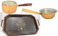 Photo showing both copper pots and the wood tray with decal design.