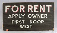 Front side of the vintage hand painted 'For Rent' sign with black background and white/red text.