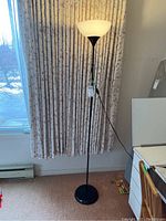 Full view of the black metal floor lamp showing its height and base against a curtain background.