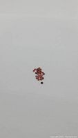 Photo showing multiple small round-cut cherry red garnet gemstones arranged loosely on a plain white background. Gems display a rich red color and diamond-like cuts.
