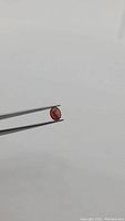 Natural cherry red garnet gemstone held by tweezers against neutral background showing oval cut and deep red color.
