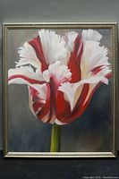 Front view of framed painting showing red and white tulip subject and silver-tone frame