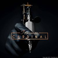 Front design of gift certificate showing shop logo and tattoo machine