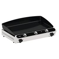 Front-left view of stainless steel flat top grill with three knobs on white background