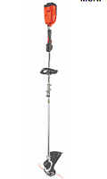 Full view of ECHO cordless string trimmer showing orange body, shaft, loop handle, and cutting head