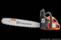 Left-front view of Husqvarna 450 Rancher chainsaw showing guide bar, chain, engine housing and handles