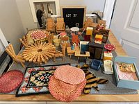 Full overview of entire doll house accessory collection showing furniture, rugs, kitchen items and decorative pieces.