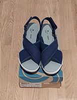 Pair of navy blue Clarks platform wedge sandals on shoe box showing front crisscross fabric straps and cushioned footbed.