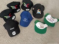Photo of 8 caps: five black T&C trucker caps, black Miami Marlins cap, black eBay adjustable cap, blue Perfectly cap, and two white/green Dog Days Animal Shelter Club caps.