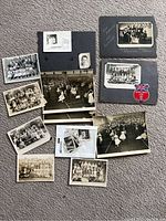 Overview of miscellaneous old Canadian black and white photos including group and individual portraits, mounted and loose photos.