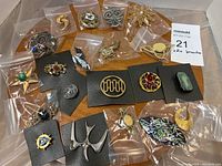 Overview shot of all 20 brooches laid out on a flat surface showing diversity in styles and sizes, many in plastic bags and some on black cards.