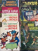 Photo showing a selection of 7 Gold Key comics including Mighty Samson, The Phantom, two issues of Boris Karloff Tales of Mystery, Marge's Little Lulu, and two of New Terrytoons starring Heckle and Jeckle