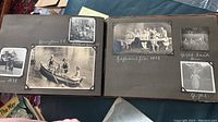 Open pages of the album showing groups of children and family gatherings outdoors including children on a boat, labeled 1931 and 1937, with captions in German.