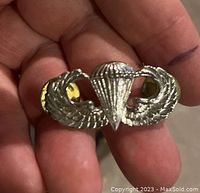 Closeup of silver-tone US Paratrooper Wings pin with parachute center, held in hand