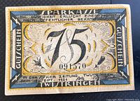 Front side of a 75 denomination German fractional currency note dated Sept. 1921, worn condition